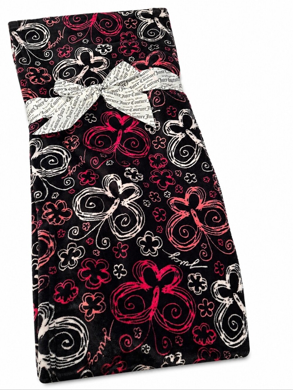 Juicy Couture Black Plush Throw with Multicolor Floral Accents